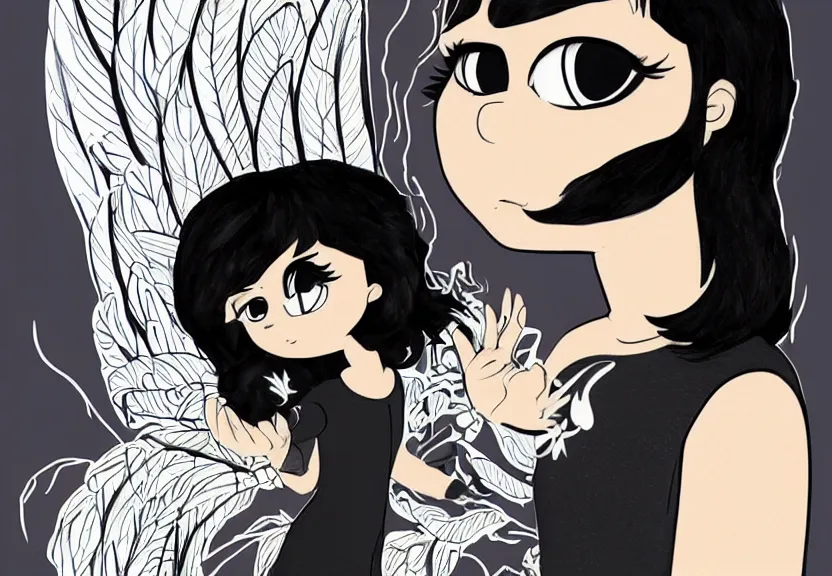 Image similar to beautiful little girl with a short black haircut wearing a dress made of black feathers, artwork in steven universe art style, anatomically perfect