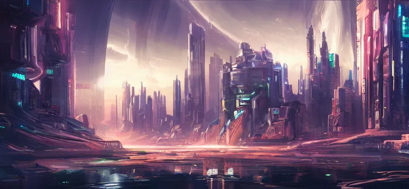 Image similar to beautiful masterpiece painting of a futuristic city in space, cyberpunk, by juan ortiz 8k,