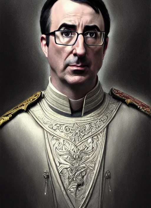 Image similar to portrait of stoic looking john oliver as in the vigo carpathian painting, military uniform, fantasy, intricate, elegant, beautiful, highly detailed, charcoal, centered, dark, smokey, digital painting, artstation, concept art, smooth, sharp focus, illustration, art by artgerm and greg rutkowski and alphonse mucha