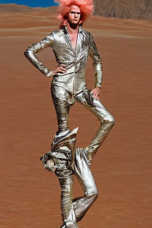 Image similar to portrait davis taylor brown dressed in 1 9 8 1 space fantasy fashion, avante garde, shiny metal, standing in a desert