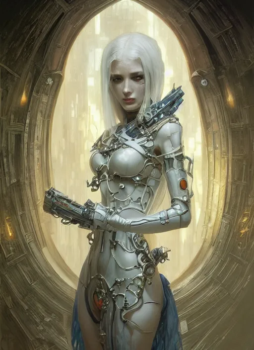 Image similar to portrait of beautiful pale gothic maiden, warhammer 40000, cyberpunk, intricate, elegant, highly detailed, digital painting, artstation, concept art, smooth, sharp focus, illustration, art by artgerm and greg rutkowski and alphonse mucha and Gustav Klimt