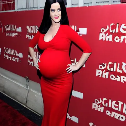 Prompt: Pregnant Katy Perry in a red dress at a movie premiere, paparazzi photograph