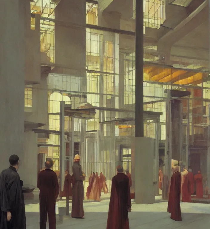 Prompt: motion controlled camera in transparent robes, in magnificent shopping mall, oil painting by edward hopper, zdislav beksinski, wayne barlowe