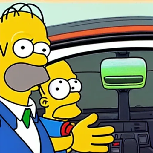 Prompt: homer simpson driving a car. he is holding a green lightsaber