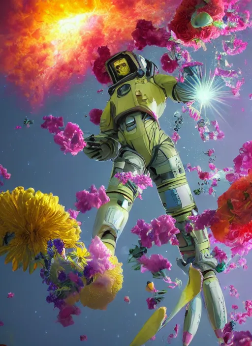 Image similar to An epic fantastic realism comic book style painting of the most beautiful flowers launched into space, bouquets, glorious galactic collision, sharp focus, fisheye, unreal 5, DAZ, hyperrealistic, octane render, dynamic lighting