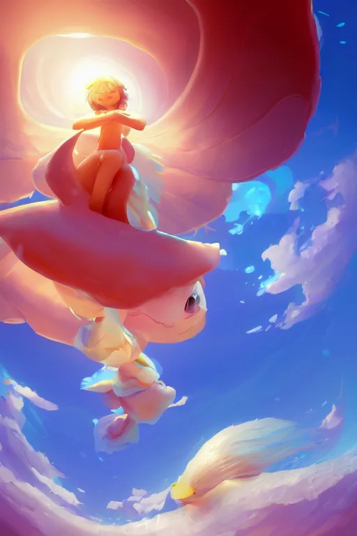 Prompt: a very cute sea slug angel, by rhads, makoto shinkai and lois van baarle, johannes voss, low angle fisheye view, sky whith plump white clouds, elegant, highly detailed, artstation, 8 k, unreal engine, hdr, concept art, volumetric lighting matte