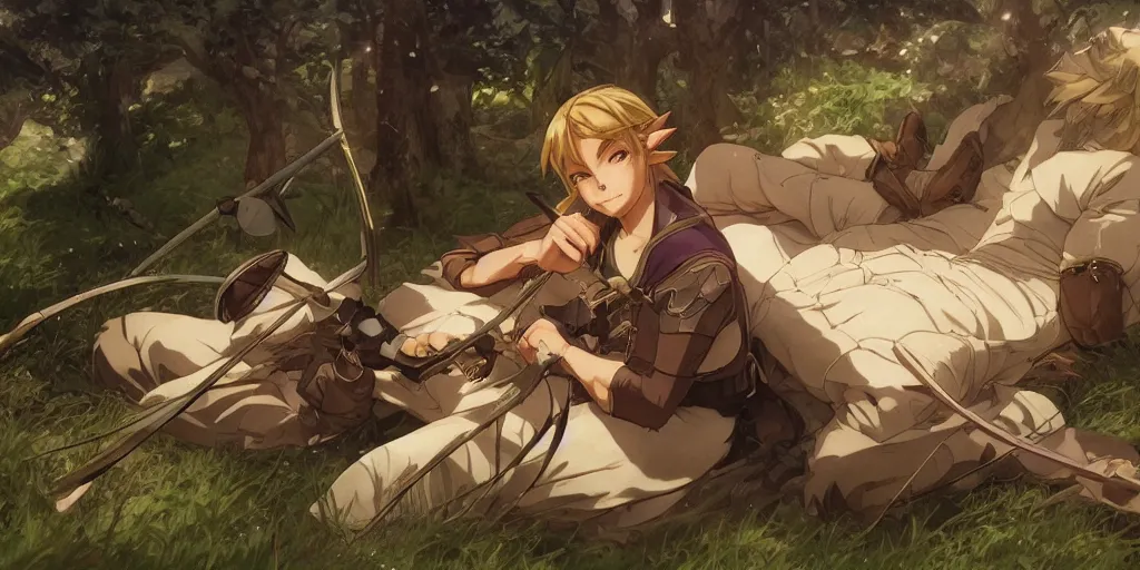 Image similar to cinematic full anime portrait of link from zelda resting with his bow at his tent. intricate, elegant, highly detailed, digital art, artstation, concept art, smooth, sharp focus, illustration, by stanley artgerm, greg rutkowski, studio ghibli, alphonse mucha, norman rockwell 8 k