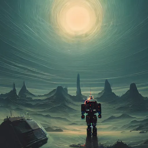 Prompt: a oil painting of Cyberpunk robot in eternal planet from No man’s sky by Simon Stålenhag, in style of fractal landscape by H.R. Giger,neonpunk, Sci-Fi, 8k, ultra detail, volumetric lighting, unreal engine, octane render, ultra realistic, max quality, epic 35 mm lens shot, photorealism
