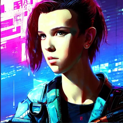 Prompt: Cyberpunk Millie Bobby Brown by RossDraws, by Yoji Shinkawa