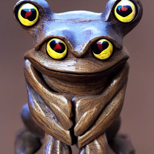Image similar to a realistic wooden statue of a frog