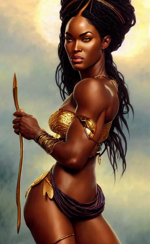 Prompt: portrait of an african version of megan fox as the goddess circe, sexy muscular body, greek mythology, intricate, headshot, highly detailed, digital painting, artstation, concept art, sharp focus, cinematic lighting, illustration, art by artgerm and greg rutkowski, alphonse mucha, cgsociety