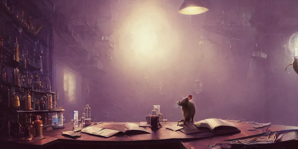 Image similar to highly realistic intricate rat standing on a desk in a laboratory with lots of flasks filled with magic liquids and poisonous fog, stephen bliss, unreal engine, fantasy art by greg rutkowski, loish, rhads, ferdinand knab, ilya kuvshinov, rossdraws, tom bagshaw, global illumination, radiant soft light, detailed and intricate environment