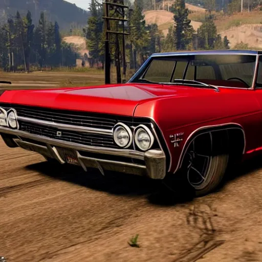 Prompt: 4 door 1 9 6 7 chevrolet impala painted black, in red dead redemption 2