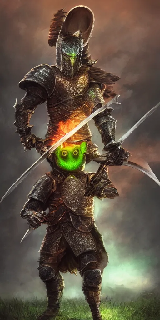 Image similar to full body portrait of half rat knight holding a great sword made of fire, anthropomorphic, prompt:hyper realistic, high detail, photo realistic, cinematic lighting, rendering by octane, spot lighting, in a open field, high quality, coherent. green hue armor