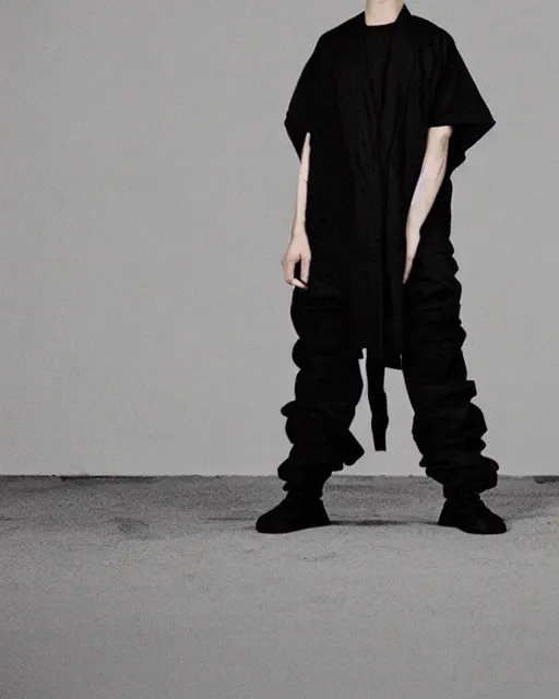 Image similar to Yeezy designed Kimono, model, studio photography, clothing drop, unreleased, Yzy, YZY GAP, Balenciaga, minimalist, dystopian feel