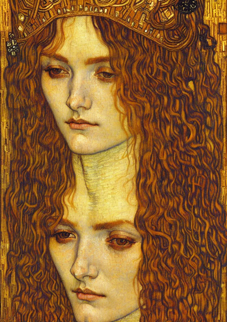 Image similar to detailed realistic beautiful young medieval queen face portrait by jean delville, gustav klimt and vincent van gogh, art nouveau, symbolist, visionary, gothic, pre - raphaelite, muted earthy colors, desaturated