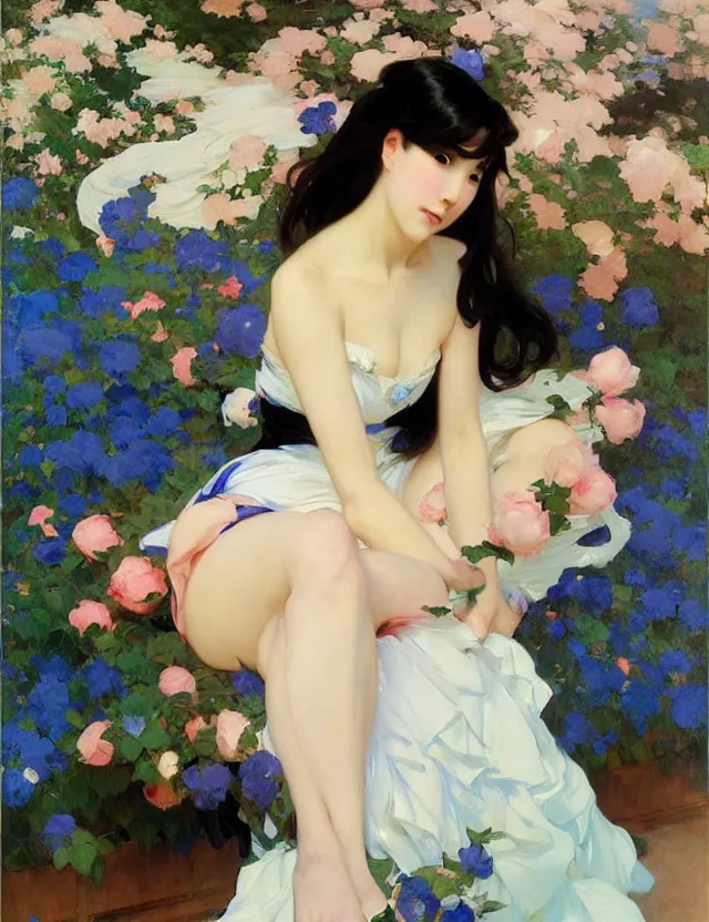 Prompt: beautiful anime woman in tight black dress sitting among blue roses, krenz cushart, mucha, by joaquin sorolla rhads leyendecker, by ohara koson