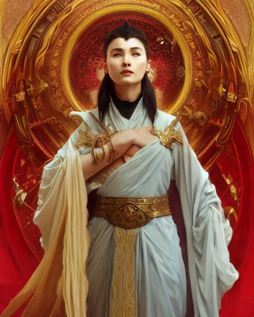 Image similar to A Full View of a Red Wizard wearing a robe and ornate armor. Mage. Magus. Jack of all trades. masterpiece 4k digital illustration by Ruan Jia and Mandy Jurgens and Artgerm and greg rutkowski and Alexander Tsaruk and WLOP and william-adolphe bouguereau, award winning, Artstation, art nouveau aesthetic, Alphonse Mucha background, intricate details, realistic, panoramic view, Hyperdetailed, 8k resolution, intricate art nouveau