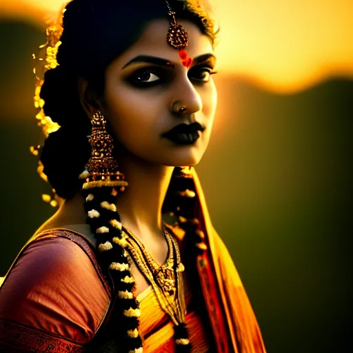 Prompt: photographic portrait of a stunningly beautiful gothic south indian female in soft dreamy light at sunset, contemporary fashion shoot, by edward robert hughes, annie leibovitz and steve mccurry, david lazar, jimmy nelsson, breathtaking, 8 k resolution, extremely detailed, beautiful, establishing shot, artistic, hyperrealistic, beautiful face, octane render