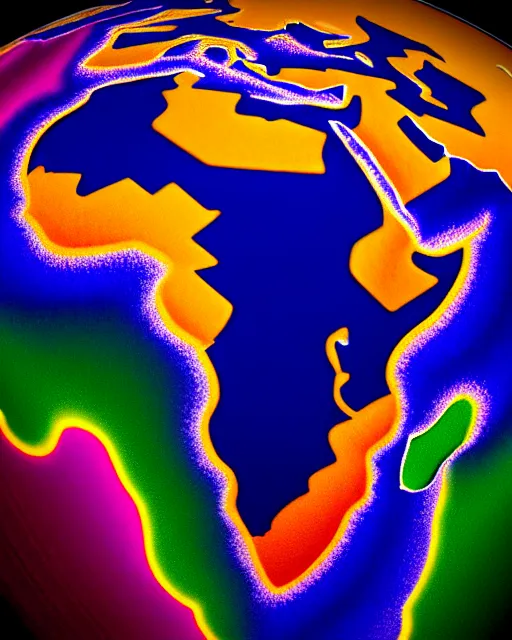 Image similar to a extremely ultra highly detailed hi - res ultra highly detailed colorful logo of africa black background, zoom out, 8 k, high textures, ultra hyper sharp, insanely detailed and intricate, super detailed, 3 d render, 8 k hdr ultra high quality high polygon, psychedelic, retro wave, digital art,