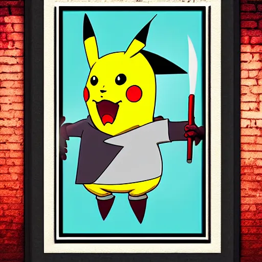 Image similar to a poster of a horror slasher movie starring pikachu