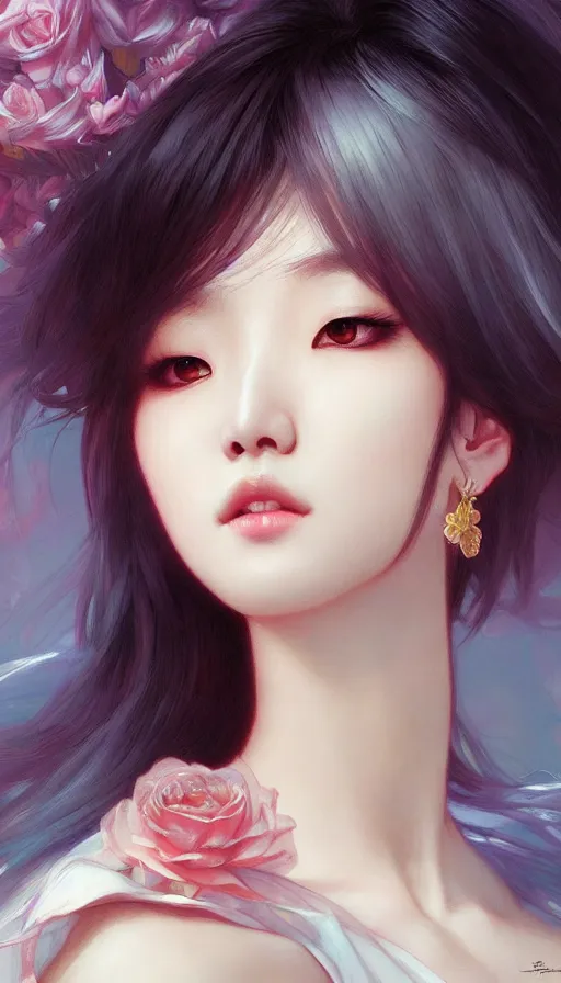 Prompt: portrait of kpop idol, dreamy and ethereal, expressive pose, fierce expression, intricate, rose tones, highly detailed, digital painting, artstation, concept art, smooth, sharp focus, illustration, art by artgerm and greg rutkowski and alphonse mucha