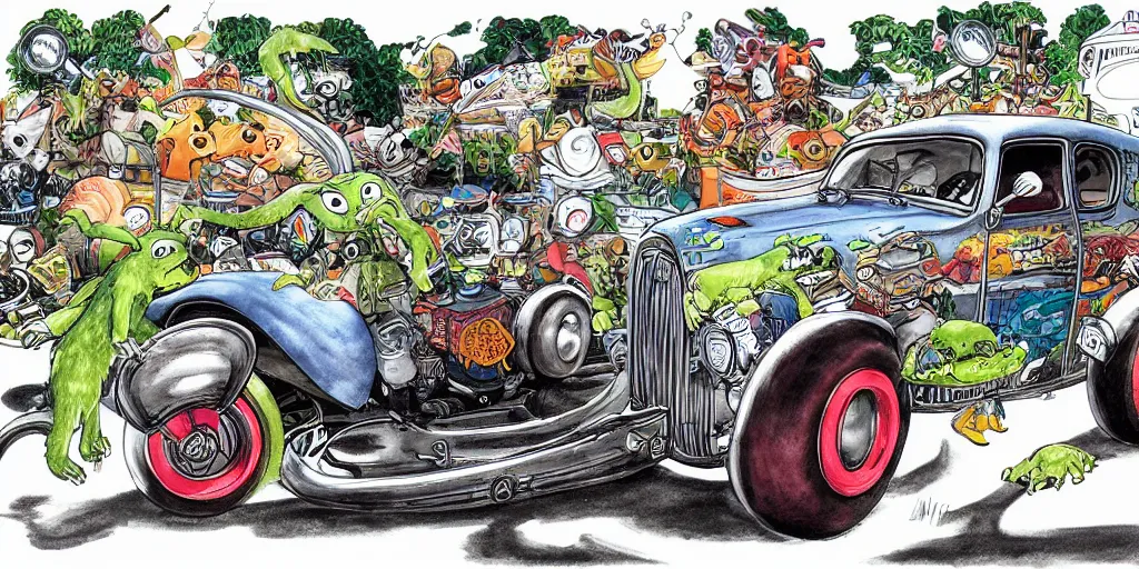 Image similar to racoon riding in a tiny hot rod coupe with oversized engine, ratfink style by ed roth, centered award winning watercolor pen illustration, by chihiro iwasaki, edited by range murata
