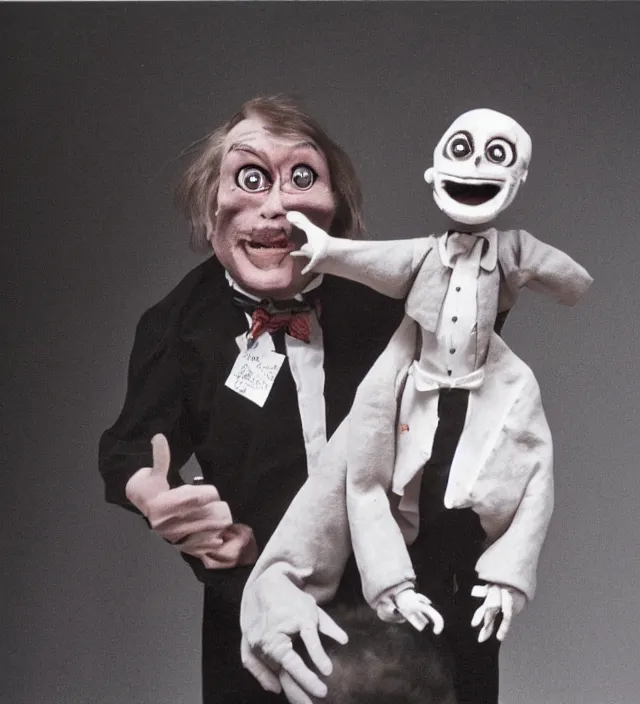 Image similar to hyper realistic old 1 9 8 0 photography of lunatic mad scared ventriloquist old man with terrific haunted small human faced puppet