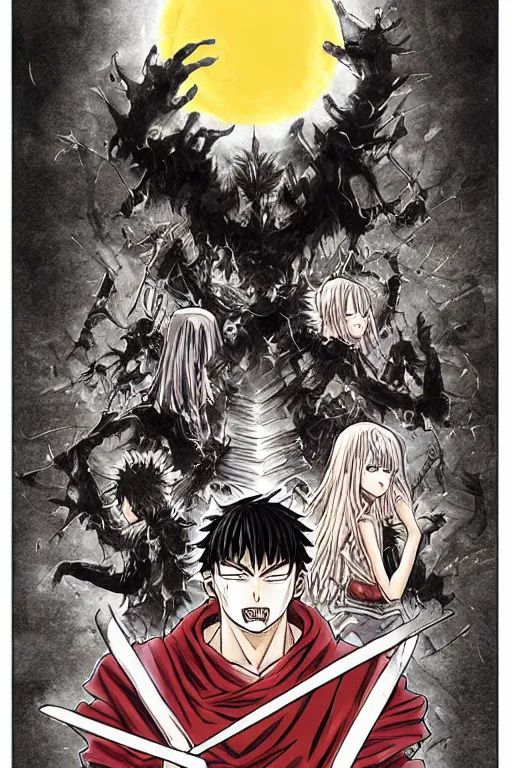 Prompt: manga cover, cover art for manga, full color, seinen manga by kentaro miura. text kanji hiragana on the cover simplistic minimalist stylized cover art, coherent professional