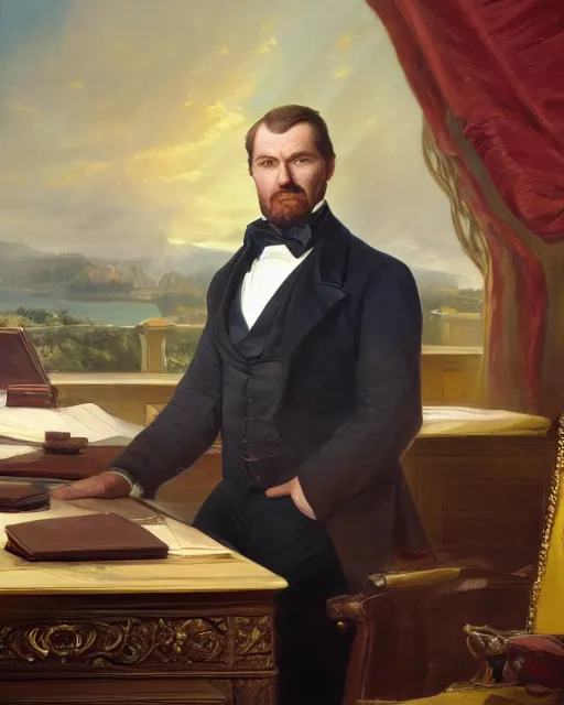 Image similar to close - up portrait of the united states president, thanos, standing at the resolute desk, 1 8 4 8, attractive, oil on canvas by william sidney mount, trending on artstation, national archives