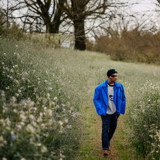 Image similar to steven bonnell ii in a blue jacket walking in a field, portrait photography, sony a 7 siii