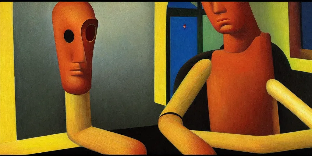 Image similar to super - intelligent robot with kind eyes portrait, grant wood, pj crook, edward hopper, oil on canvas