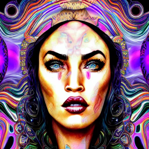 Prompt: an extremely psychedelic portrait of megan fox as lilith, surreal, lsd, face, detailed, intricate, elegant, lithe, highly detailed, digital oth, sharp focus, illustration,