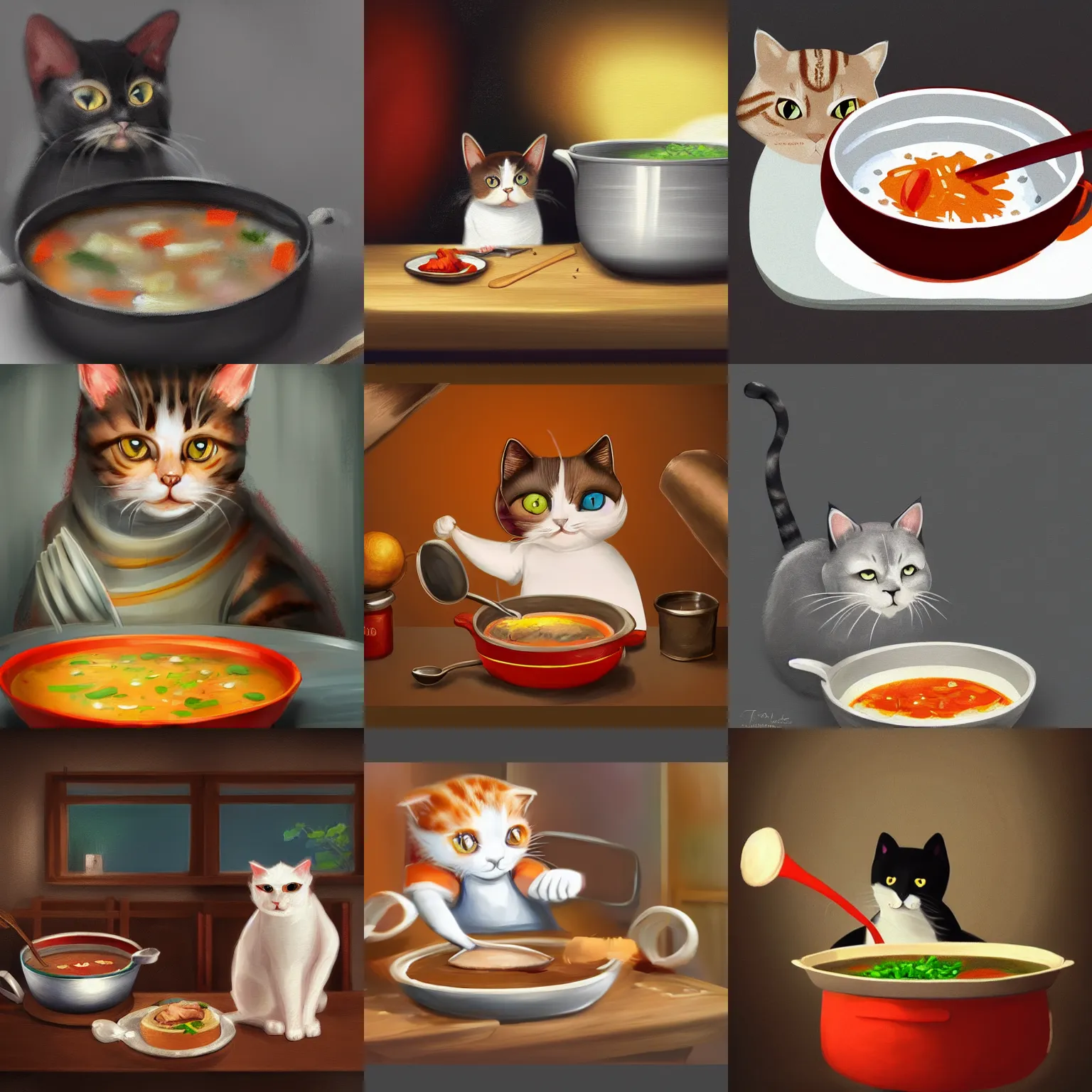 Prompt: the cat cooks soup, digital painting, trending in Artstation, artstationHD, 4k