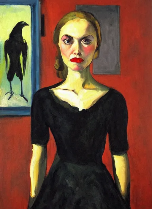 Image similar to a painting of AnnaSophia Robb, frozen cold stare, blood red background, transparent gray dress, crows as a symbol of death, in style of Edward Hopper, John Singer Sargant, Chaim Soutine, surrealism of Francis Bacon, American Gothic, 8k, ultradetailed