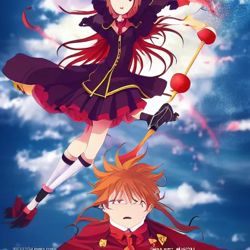 Prompt: Detailed anime poster featuring a red-haired witch flying on a broom over a magical school, 4k, key visual