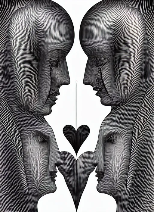 Prompt: vector art by hr giger, perfectly centered symmetrical balanced male and female portrait of man and woman in love sharing one heart. high coherence ; fractal geometrical 8 k ultra hd