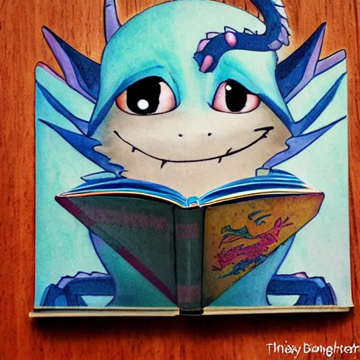 Image similar to cute dragon reading a book in the style of how to train your dragon