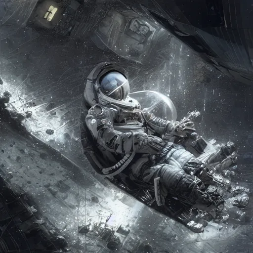 Image similar to concept art by craig mullins astronaut in futuristic dark and empty spaceship underwater. infrared complex and hyperdetailed technical suit. mandelbulb fractal. reflection and dispersion materials. rays and dispersion of light. volumetric light. 5 0 mm, f / 3 2. noise film photo. flash photography. unreal engine 4, octane render. interstellar movie art