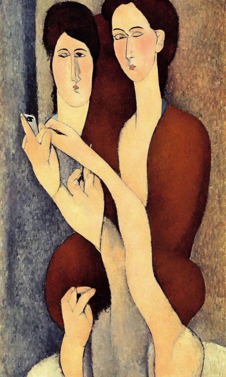 Image similar to amedeo modigliani. close up portrait of a woman with brown hair and a blue rollneck sweather holding an iphone in her hand. very soft brush.