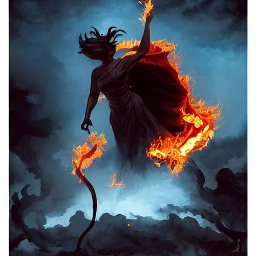 Image similar to a gargoyle in silhouette wearing a flowing gown made of fire, engulfed in a whirling fire tornado firestorm, emitting smoke and sparks, fantasy, cinematic, fine details by realistic shaded lighting poster by ilya kuvshinov katsuhiro otomo, magali villeneuve, artgerm, jeremy lipkin and michael garmash and rob rey