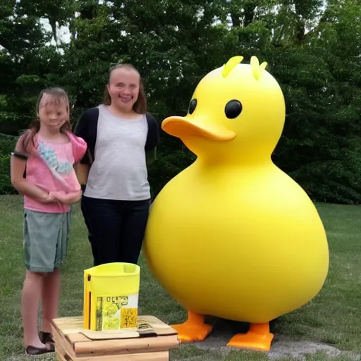 Image similar to a yellow human sized duck standing next to a children's lemonade stand