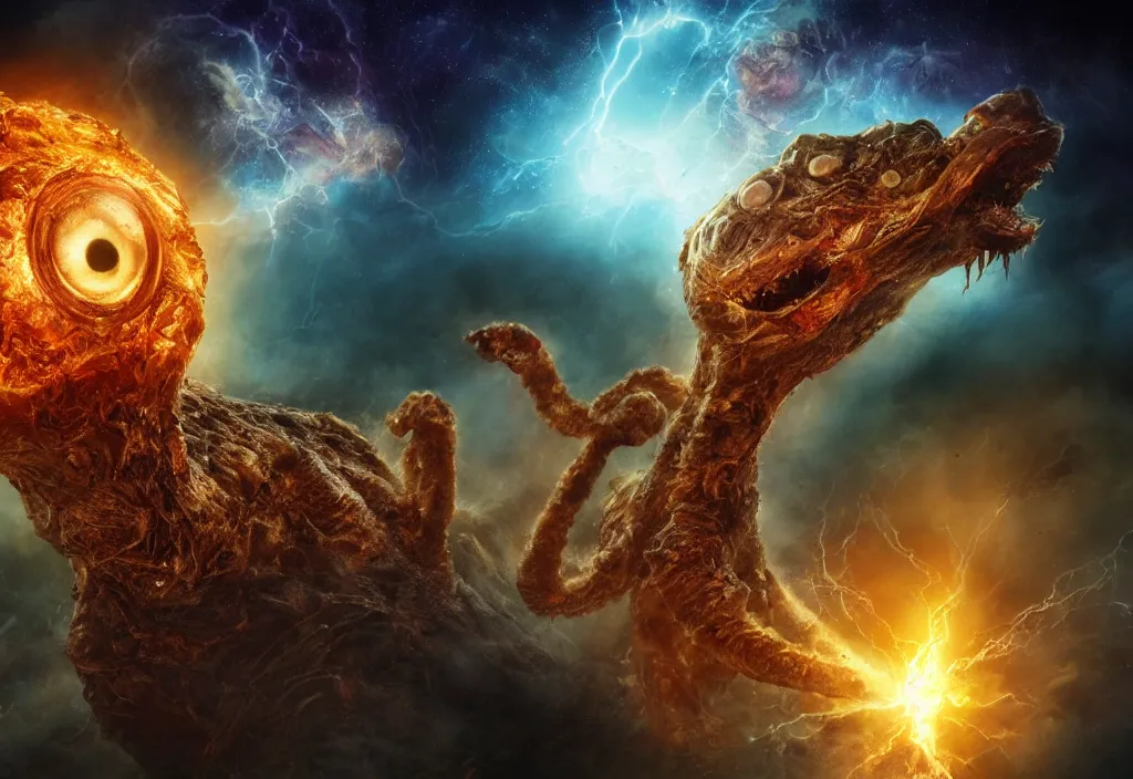 Image similar to eldritch horror bloody garfield in space, hd, 8 k, giant, epic, realistic photo, unreal engine, prophecy, powerful, cinematic lighting, destroyed planet, debris, violent, sinister, ray tracing, dynamic, epic composition, dark, horrific, teeth, grotesque, monochrome drawing, hellscape, corpses, foreboding, lightning, garfield cartoon eyes