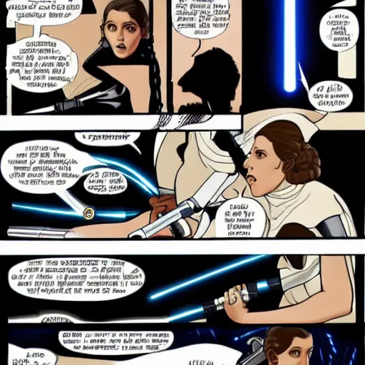 Prompt: princess leia fighting darth vader in a lightsaber battle