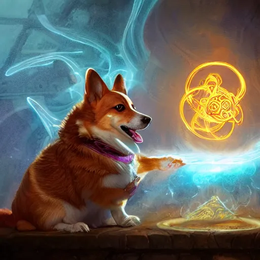 Prompt: d & d character art, corgi casting a healing spell, glowing golden swirling spell effects, magical, mystical, arcane, intricate, hyperrealistic, extremely detailed, digital illustration by artgerm and greg rutkowski, trending on artstation, award - winning, 8 k