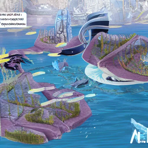 Image similar to future city pulled by whales, deep water, underwater ruins, schools of fish