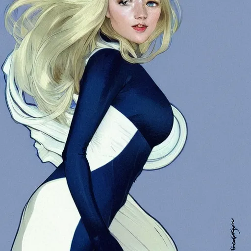 Image similar to a beautiful cartoon still portrait of a beautiful cute young woman shoulder - length blonde hair superhero wearing a tight solid matte navy blue lycra suit white cape white cowl white shoulders, intricate, elegant, 8 k, highly detailed, digital painting, concept art, smooth, sharp focus, illustration, by artgerm greg rutkowski alphonse mucha loish wlop