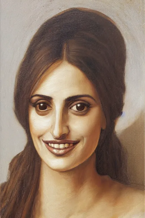 Image similar to oil painting, portrait of penelope cruz, artwork by leonardo da vinci