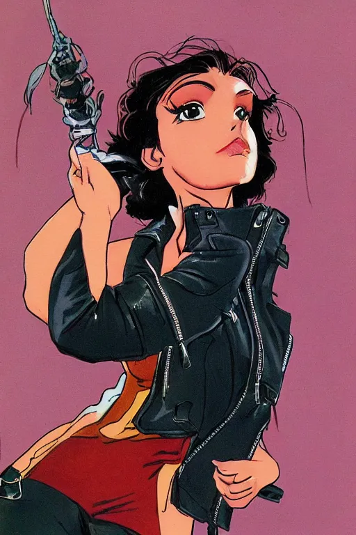 Image similar to portrait of an attractive young female protagonist, center focus, wearing leather jacket, in city street, detailed face, artwork by ralph bakshi