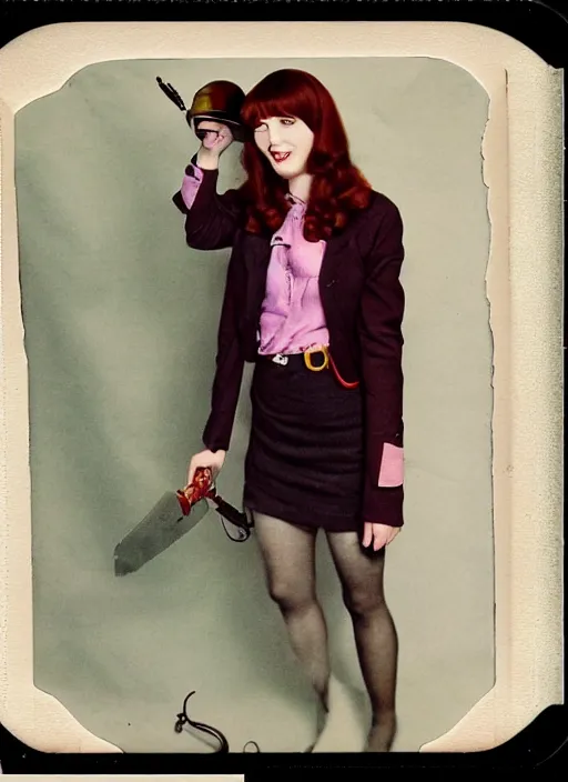 Image similar to Whole body and face wide shot of Daria Morgendorffer in steampunk couture created like it's out of the 1940s polaroid clear, colorful image